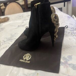 Roberto Cavalli Black Heeled Boots with Gold Accents